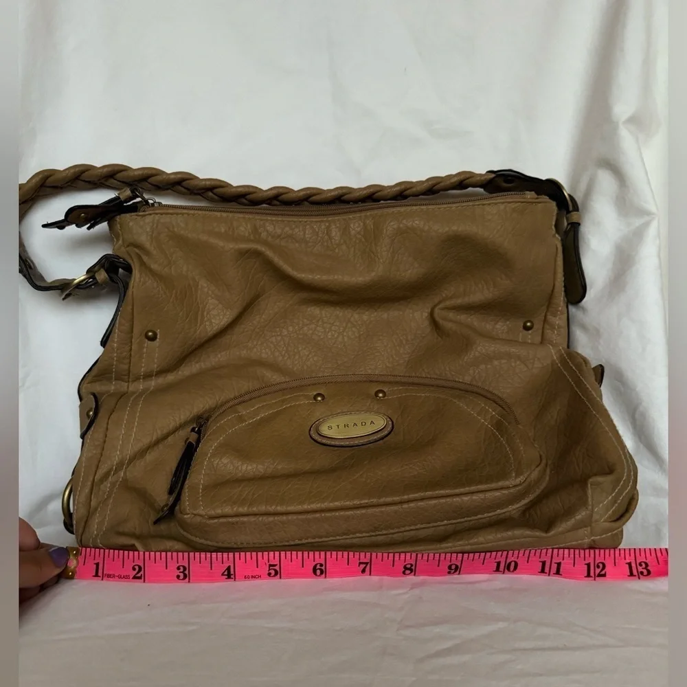 Strada Tan Beige Leather Braided Handle Boho Hobo Purse